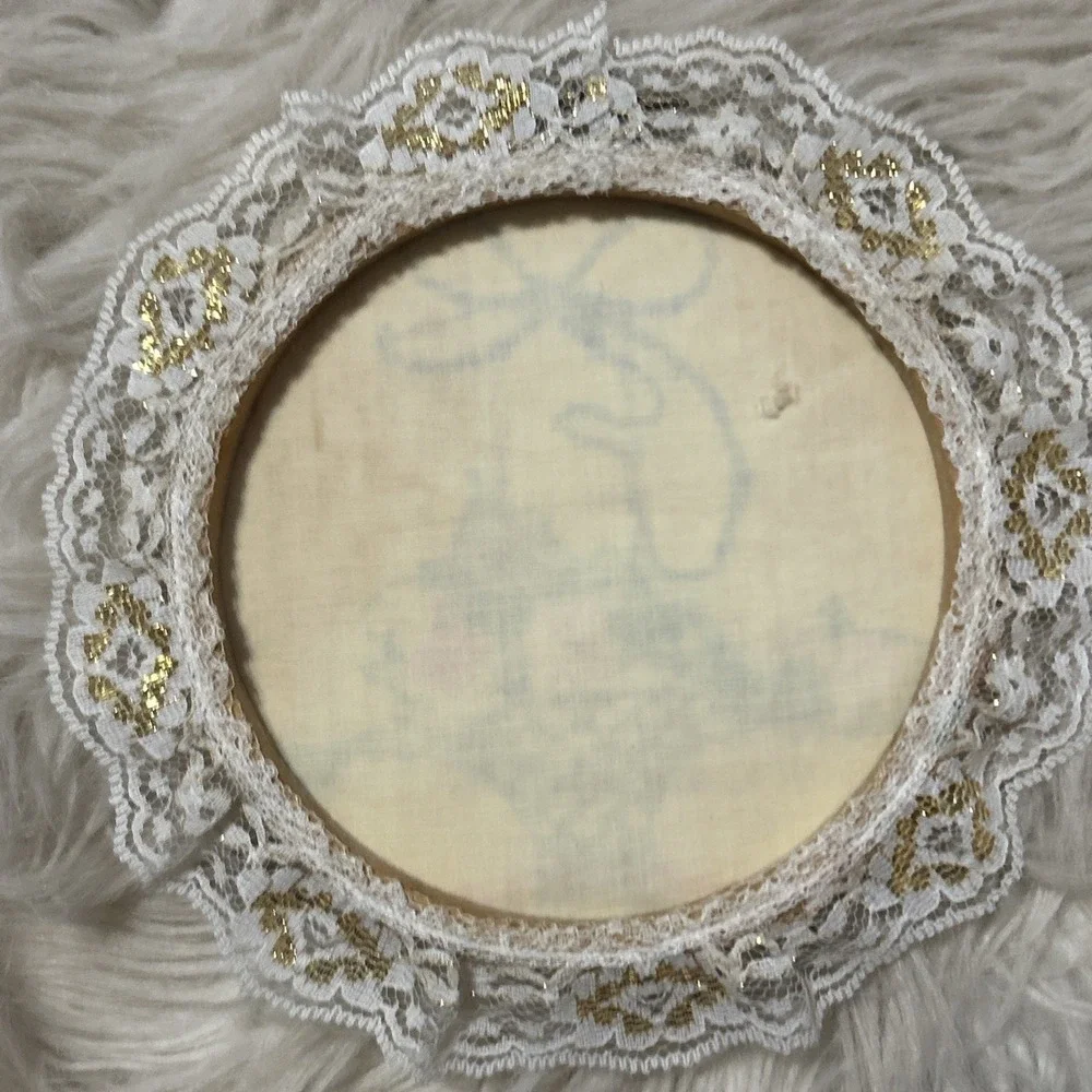 Set Of 2 Needlepoint Framed Stitched Lace Floral Baskets Bows Grannycore Vintage